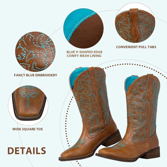 Tan Cowboy Boots For Women Wide Square Toe Mid Calf Ladies Western Cowgirl Boots - Picture 6 of 9